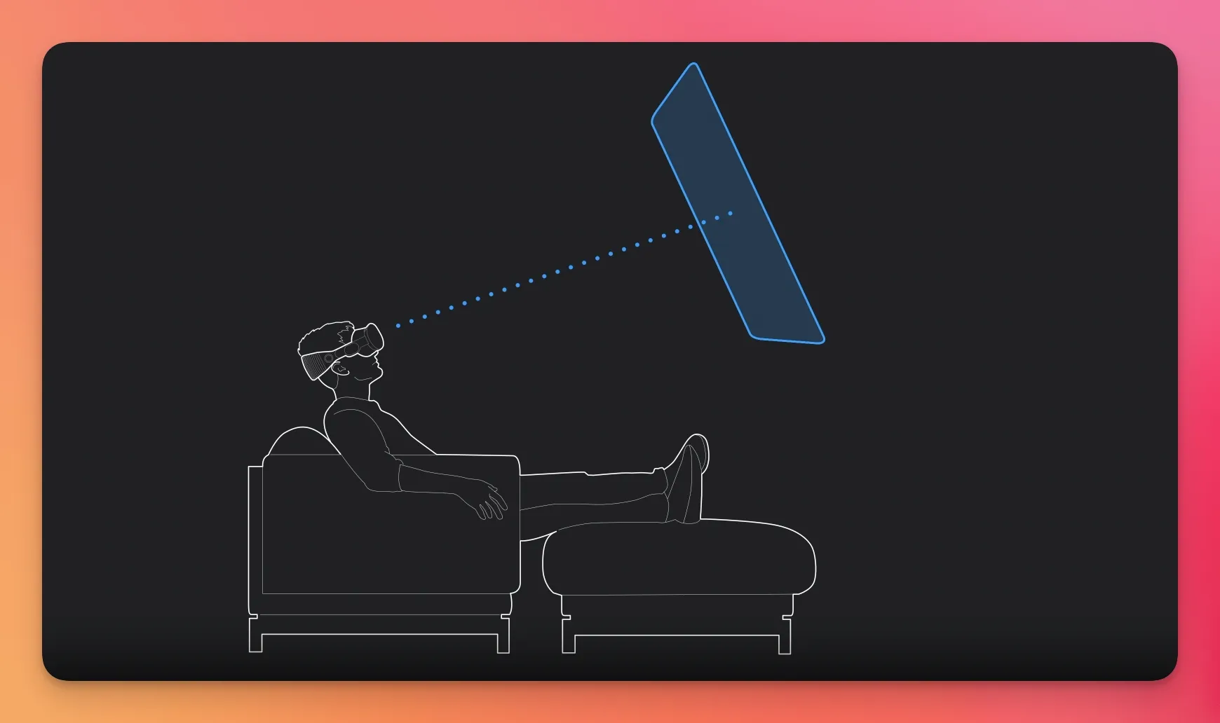 Dessin d'un homme à moitié allongé sur un canapé avec un casque Apple Vision Pro. Une fenêtre VisionOs est présente au dessus de lui et un trait représente sa ligne de vision vers la fenêtre