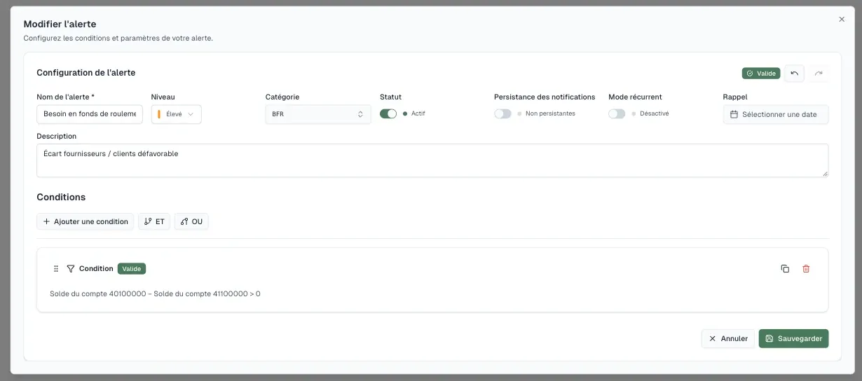 Configuration d’une alerte Argos avec catégorie, niveau de priorité et groupes de conditions ET ou OU — environnement de test