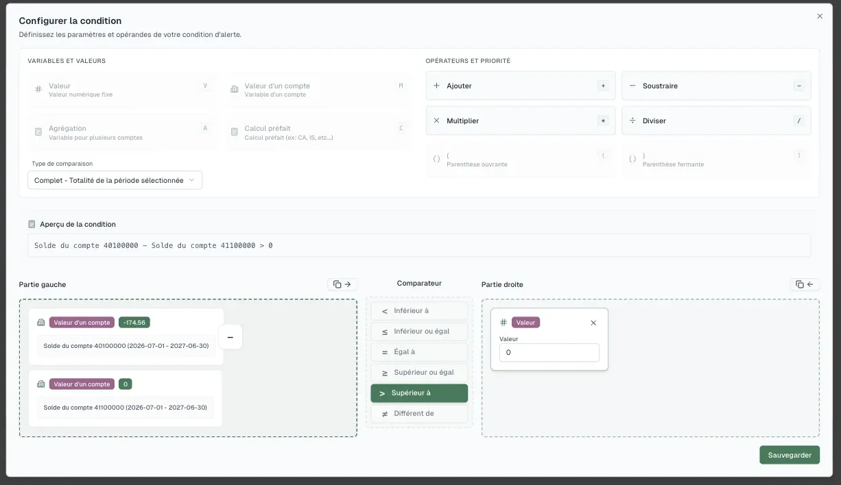 Éditeur visuel Argos comparant un calcul sur deux soldes de comptes à une valeur, avec aperçu de la formule — environnement de test
