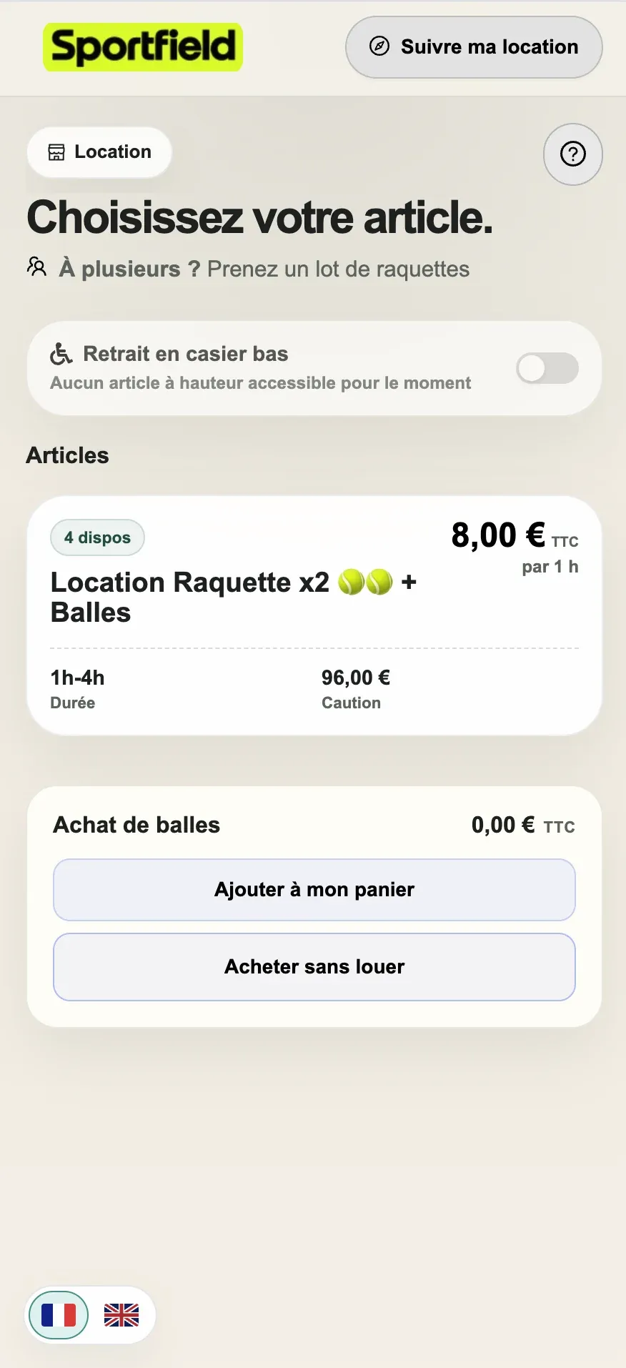 Catalogue mobile de location de raquettes de padel avec disponibilité, durée et caution, dans l’environnement de test Drive-Cube